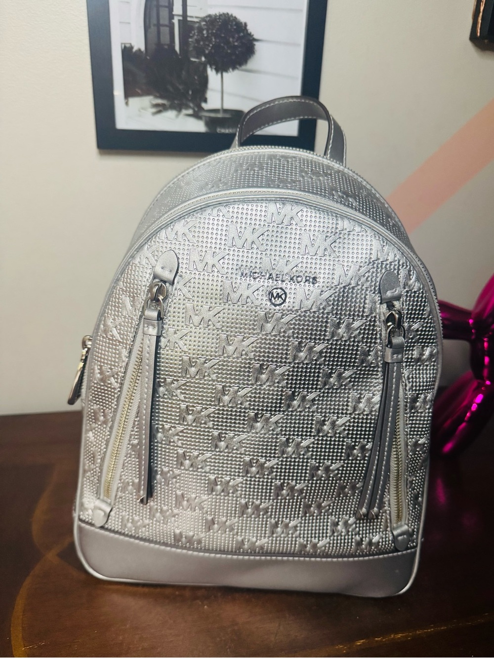 Michael Kors Metallic Silver MK Embossed Logo Backpack - Picture 3 of 9